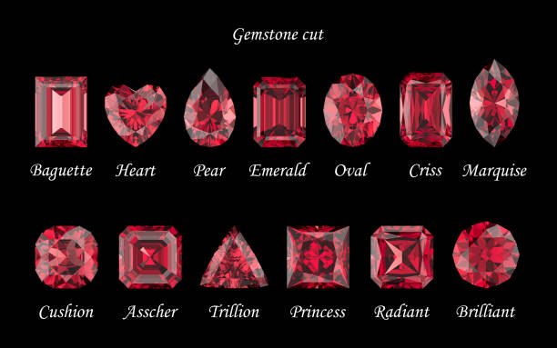 Set of rubies in different cuts. Crystals on a black background. 3d rendering.