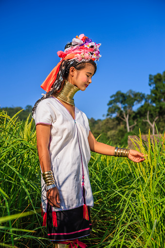 Portrait of a long-neck woman Padaung (Karen) tribe, Mae Hong Son Province in Northern Thailand.