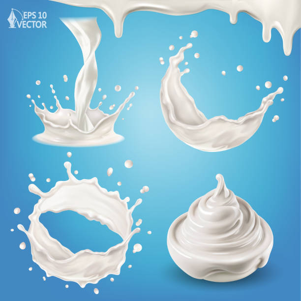 사실적인 우유가 튀거나 방울이 있는 파도의 벡터 컬렉션입니다. 크림 또는 요구르트 한 그릇, 유백색 디저트. 크라운 모양의 액체 소용돌이, 신선한 우유의 흐름. 격리된 3d 요소 집합 - milky cheese stock illustrations