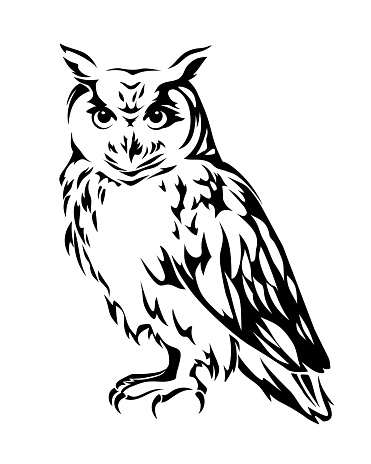 Owl. Black silhouette of a sitting owl isolated on a white background. Vector illustration