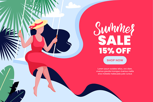 Woman in flowing pink dress sitting on swing under palm tree. Vector flat cartoon illustration. Summer vacation, travel to sea resorts concept. Sale banner template with waving red fabric background