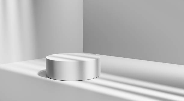 istock Abstract empty white stage podium with spotlights and white wall background for products, cosmetics and advertising 1522934167
