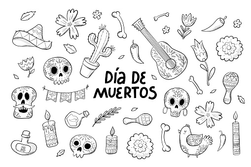 set of monochrome dia de muertos doodles, cartoon elements, hand drawn elements. Good for prints, stickers, clip art, cards, banners, coloring pages, etc. EPS 10