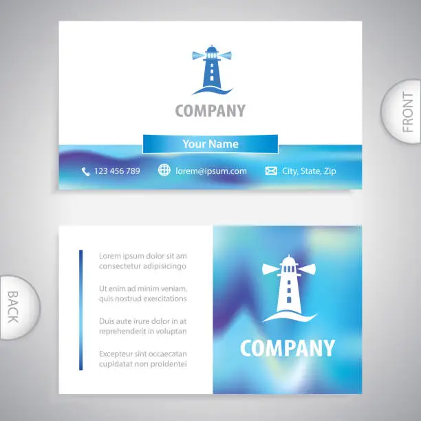 Vector illustration of Business card template. Lighthouse and ocean waves nautical icon. Symbol for seaside resorts and ports. Concept for business and commerce.