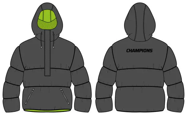 Vector illustration of Down puffa Hoodie jacket design flat sketch Illustration, Quilted Puffer Padded Hooded jacket with front and back view, Soft shell winter jacket for Men and women for outerwear in winter.