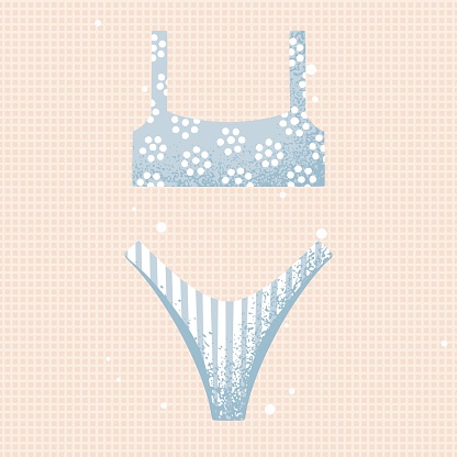 Blue Swimsuit. High waisted bottoms, Two Piece swimwear, stripes and a simple dot pattern on top with flowers. Textured, sport retro style. For beach or pool, lingery or underwear. Vector trendy illustration