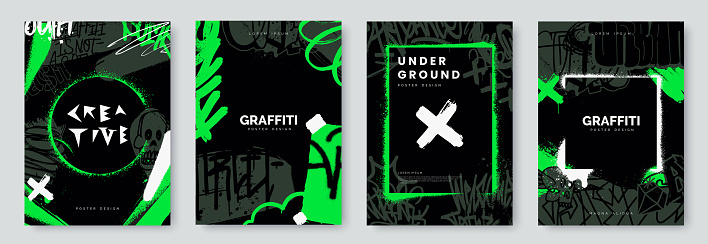 Abstract graffiti poster with tags, paint texture, scribbles and throw up pieces. Acid green color. Street art background set. Artistic cover design in urban graffiti style. Vector illustration