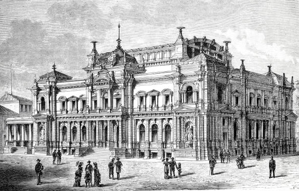 ilustrações, clipart, desenhos animados e ícones de edifício da bolsa de valores em leipzig - 1884