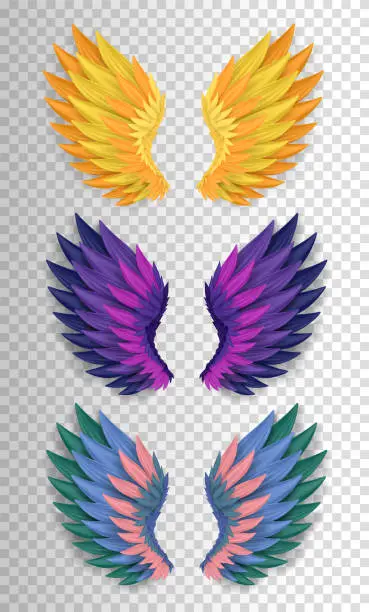 Vector illustration of Magic golden, purple and colorful fantasy wings.
