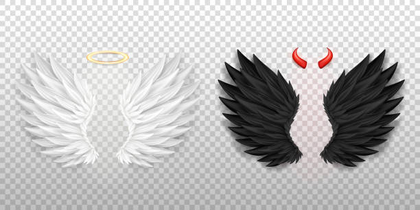 Realistic devil wings with horn and angel wings with halo 3D white angel wings with golden nimbus, halo and black devil wings with red daemon horns isolated on transparent background. Realistic festival, carnival costume. Fantasy, religion concept. remarkable hell stock illustrations