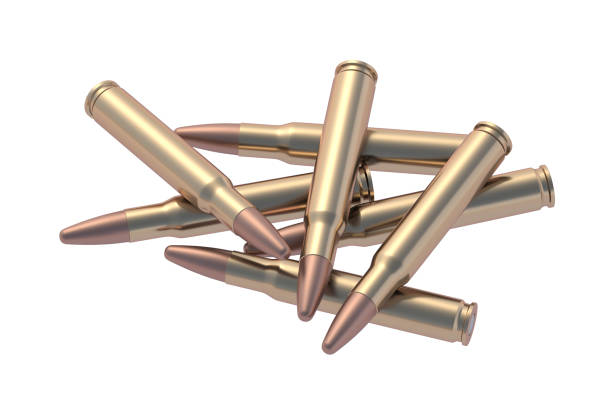 istock Heap of bullets for assault rifle isolated on white background. 3d render 1523085196