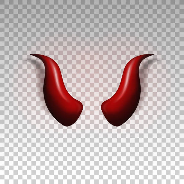Red glossy daemon horns isolated on transparent background. Three dimensional devil horns. Satan decoration, Monster carnival element. Vector illustration EPS 10 devils horn stock illustrations