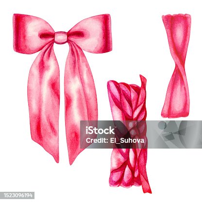 istock Watercolor illustrations of pink bow and ribbons to decorate bouquets for wedding, birthday, Valentine's Day, Mother's Day, Women's Day, Parents and Daughters' Day, Easter, Christmas. Elements isolated 1523096194