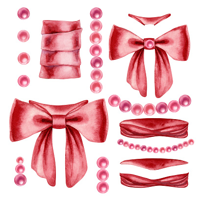 istock Watercolor illustrations of pink bow and ribbons to decorate bouquets for wedding, birthday, Valentine's Day, Mother's Day, Women's Day, Parents and Daughters' Day, Easter, Christmas. Elements isolated 1523096201
