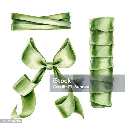 istock Watercolor illustrations ofgreen bow and ribbons to decorate bouquets for wedding, birthday, Valentine's Day, Mother's Day, Women's Day, Parents and Daughters' Day, Easter, Christmas. Elements isolated 1523098256