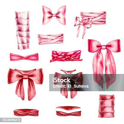istock Watercolor illustrations of pink bow and ribbons to decorate bouquets for wedding, birthday, Valentine's Day, Mother's Day, Women's Day, Parents and Daughters' Day, Easter, Christmas. Elements isolated 1523098272