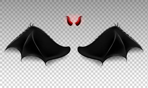 Vector illustration of Devil horns and black wings isolated on transparent background.