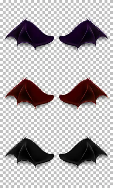 Vector illustration of Set of dark red, black and purple devil, dragon or bat wings isolated on transparent background.