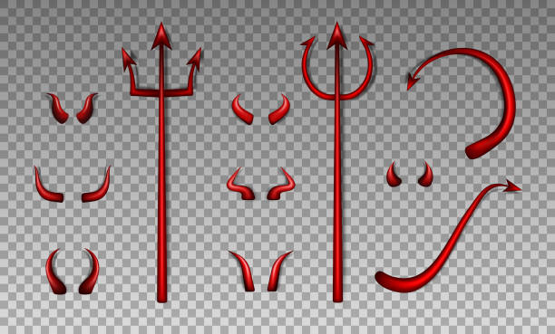 Red devil bloody trident, horns various shape and different demon tails Collection of realistic 3d devil costume elements - red bloody trident, glossy horns various shape and different demon tails on transparent background. Satan decoration, Monster carnival element. devils horn stock illustrations