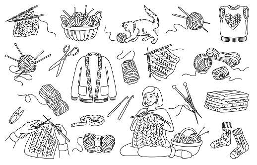 Knitting Crochet set. Character handmade sweater and clothes with yarn and threads, next to cat playing with wool yarn ball in doodle style. Linear flat vector collection isolated on white background