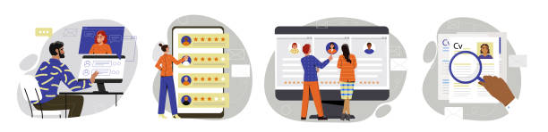 Job search set vector Job search set. People looking for new employees to hire, they choose candidates for vacancies. Headhunter, worker cadres and human resources. Cartoon flat vector isolated on white background user profile illustration stock illustrations