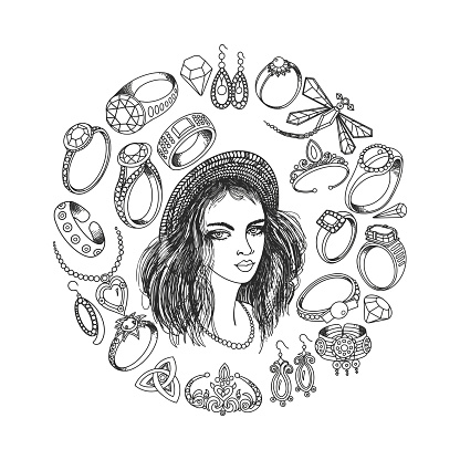 Jewelry Doodle Set. Earrings, accessories, necklace, bracelets, crowns.  Vector illustration.