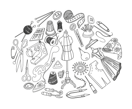 Cutting and sewing doodle Set. Circle composition. Vector illustration.