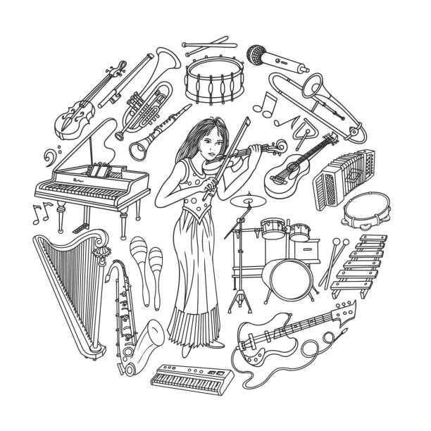 illustrations, cliparts, dessins animés et icônes de music doodle, instruments de musique et femme violoniste - blues harp