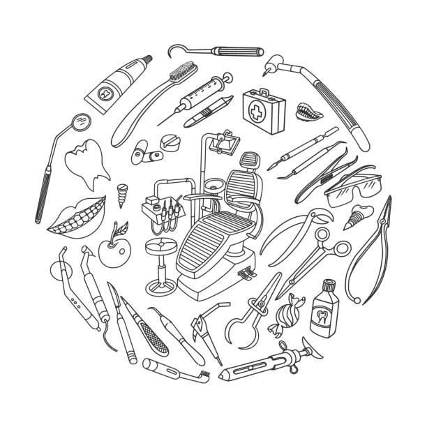 ilustraciones, imágenes clip art, dibujos animados e iconos de stock de doodle de equipo dental set in circle - dentist dentist office dentists chair cartoon
