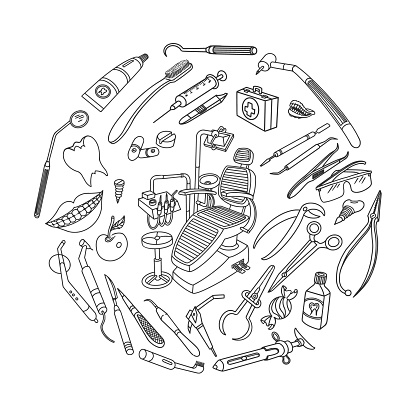 Dentist equipment doodle set. Vector illustrator.