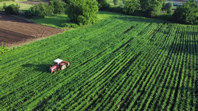 Agricultural field aerial view. Sustainable agriculture concept. Agricultural machinery working in a field. Harvest season.