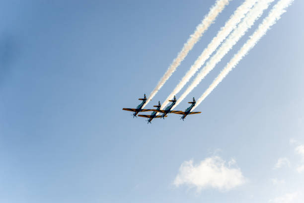 Riga, Latvia - November 18, 2024: Vintage airplanes at a military parade with colored smoke in the colors of the Latvian flag