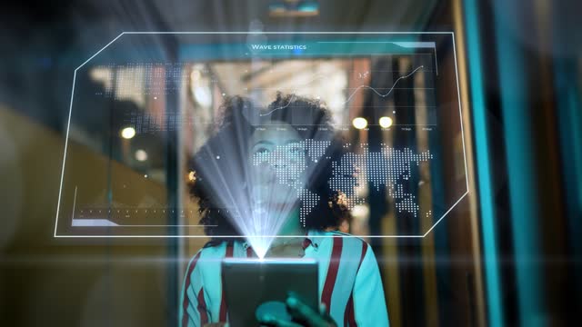 Young woman using augmented reality device while walk in office