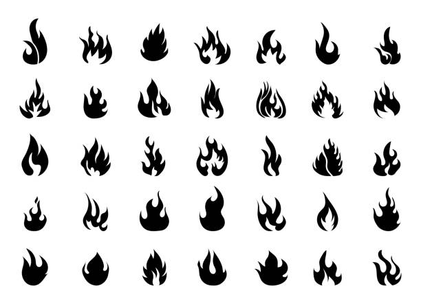 feuer-icons-set-vektor. silhouette flammenzeichen. das lagerfeuer brennt flach. explosion, feuer, gefahr isolierte symbole - flame fire fireball exploding stock-grafiken, -clipart, -cartoons und -symbole