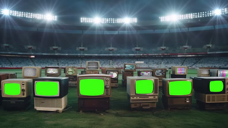 Vintage TVs with Green Screens in a Soccer Stadium at Night. 4K Resolution.