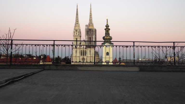 Aerial view of Zagreb Cathedral and city skyline at sunset with as seen from Gradec, Zagreb, Croatia