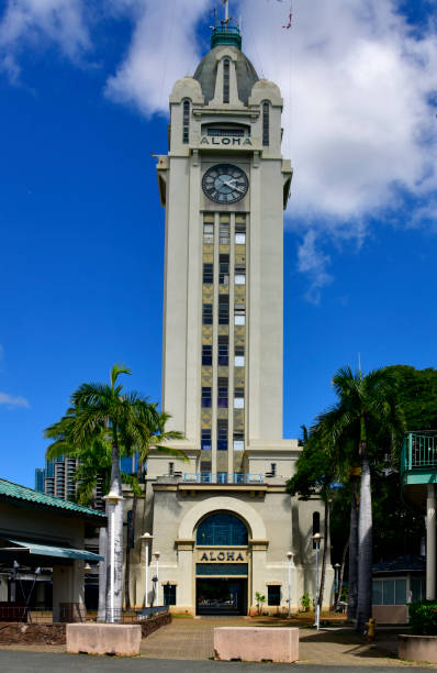 Honolulu, Oahu, Hawaii, USA: Aloha Tower - a former lighthouse, considered one of Hawaii's most famous landmarks \nOpened on September 11, 1926, the Aloha Tower is located on Pier 9 in the Port of Honolulu. Built in Hawaiian Gothic style under the direction of architect Arthur L. Reynolds, it is 10 stories, it was for four decades the tallest structure in Hawaii.