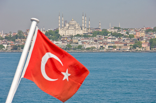 Blue Mosque view from marmara sea with Turkish Flag