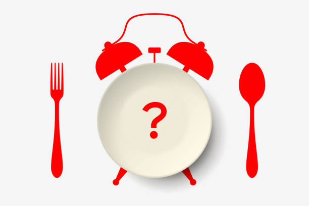 Empty plate and alarm clock, concept of dieting and interval fasting - ilustração de arte vetorial