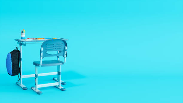 istock School Desk With School Stationery And Backpack On Blue Background. Back To School Concept 1523332797
