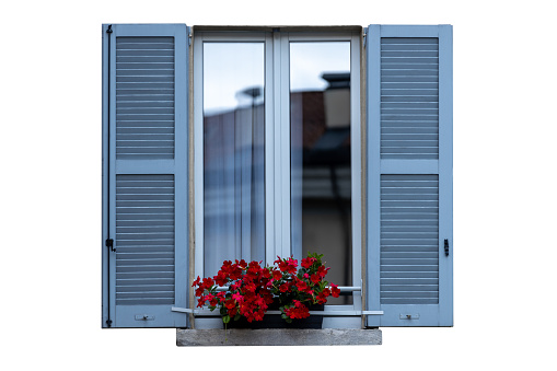 traditional windows with light blue shutters, red flower pot, europe, isolated, white background