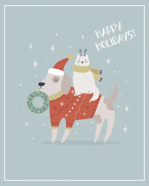 Vector illustration of Christmas greeting card with funny dog in a holiday sweater and a cat in scarf.