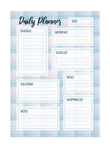 Vector illustration of Daily planner printable vector template. Blank organizer page A4, A5.  Business schedule page for a day for effective planning. Personal notebook. Paper sheet. White background.
