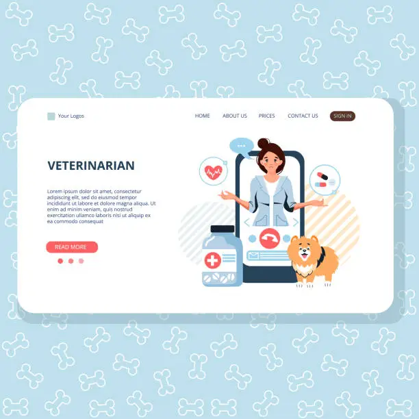 Vector illustration of Vector web banner of a veterinary clinic and a pattern with bones for dogs