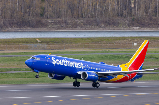 Portland, Oregon, USA - April 1, 2023: A Southwest Airlines 737 lifts off the north runway at Portland International Airport.