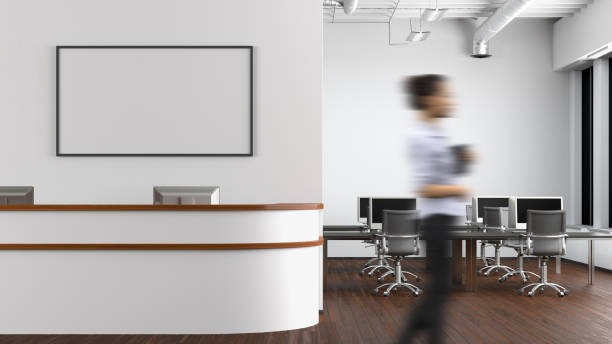 istock Blank horizontal poster mock up on the wall above office reception desk 1523468200