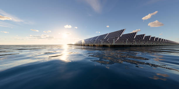 istock 3d rendering of floating solar, floatovoltaics or solar farm on water with sky background. 1523524334