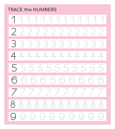 Education material with numbers from one to nine. Tracing number for kids. Learning to count and write. learning the numbers. Preschool activities, leisure games, worksheet for kids.