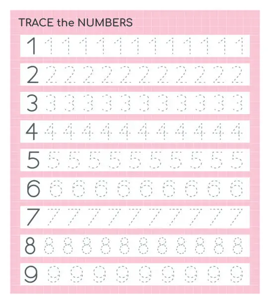 Vector illustration of Education material with numbers from one to nine. Tracing number for kids.