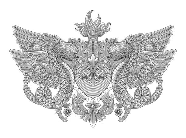 ilustrações, clipart, desenhos animados e ícones de coração com dragão, ornamental floral e tocha, estilo de desenho de gravura vintage, ilustração vetorial de design antigo - acanthus pattern